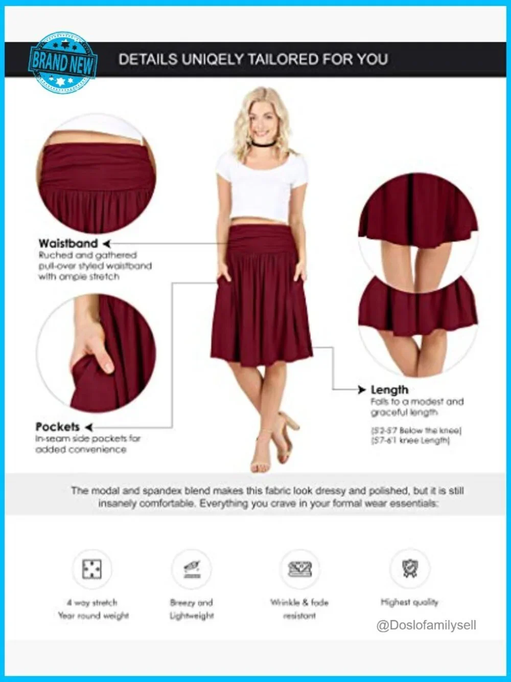 A-Line Midi Skirt with Pockets Stretch Jersey Pull On Ruched Waist